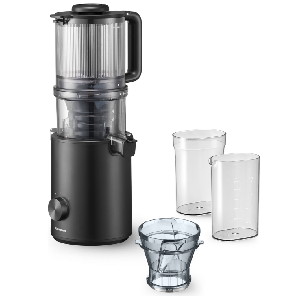 Pomalý odšťavovač alebo odstredivý odšťavovač – čo vybrať? 24 Panasonic MJ-L900 pomalootáčkový odšťavovač (odšťavovanie celého ovocia a zeleniny, jednoduché čistenie, nástavec na mrazené dezerty), čierny